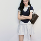 Preppy Style Faux Two Piece Mini Dress Women With Peter Pan Collar And Knotted Waist R9425