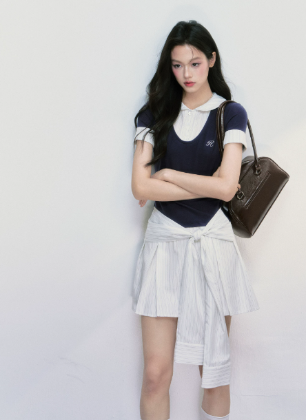 Preppy Style Faux Two Piece Mini Dress Women With Peter Pan Collar And Knotted Waist R9425
