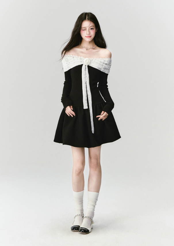 Black And White Off The Shoulder Mini Dress With Lace Trim And Bow Detail R9448