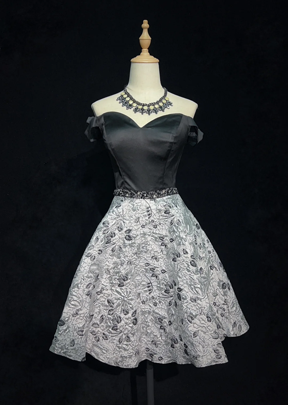 Temperament black tube top waist pattern A-line skirt short skirt homecoming dress R4997