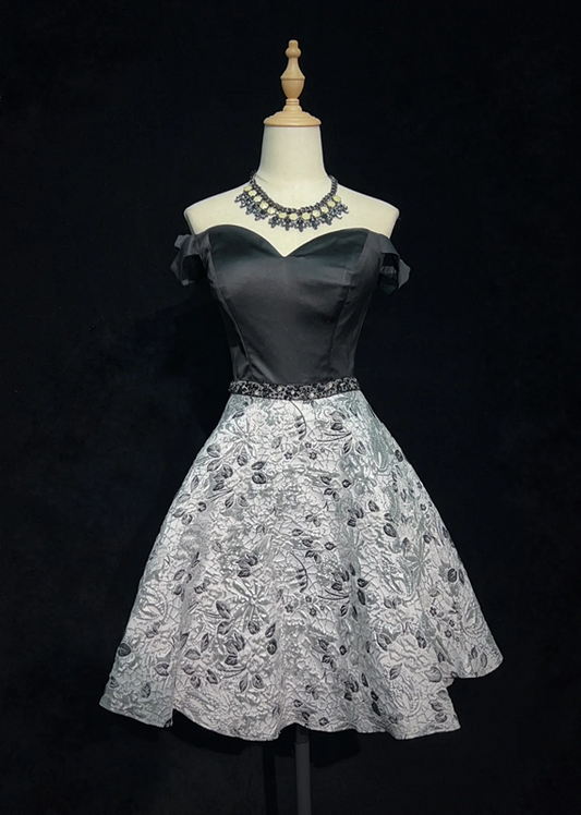 Temperament black tube top waist pattern A-line skirt short skirt homecoming dress R4997