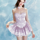 Light Purple Strapless Jacquard Dress with Tiered Tulle Skirt and Bow Detail R9230