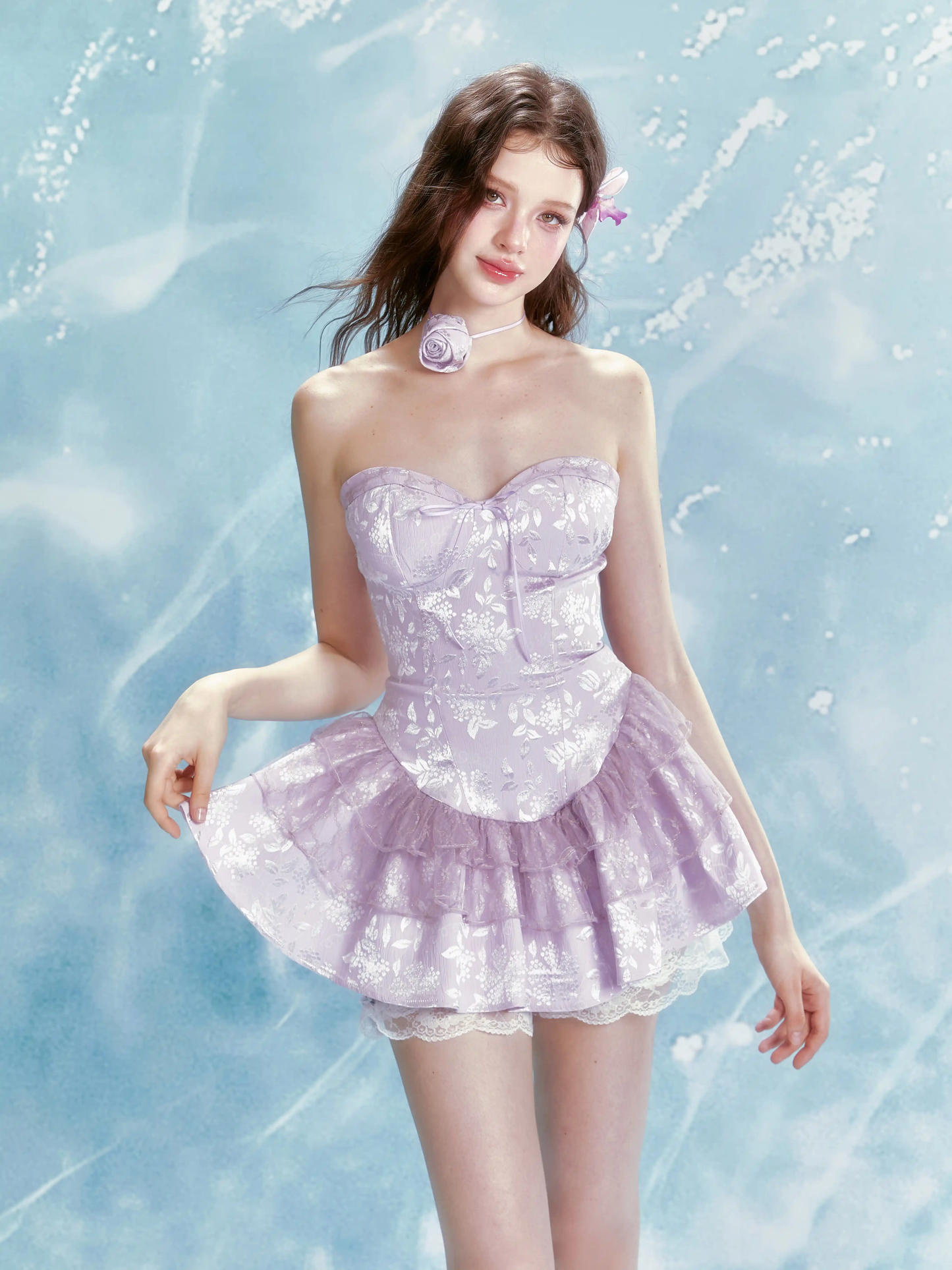 Light Purple Strapless Jacquard Dress with Tiered Tulle Skirt and Bow Detail R9230