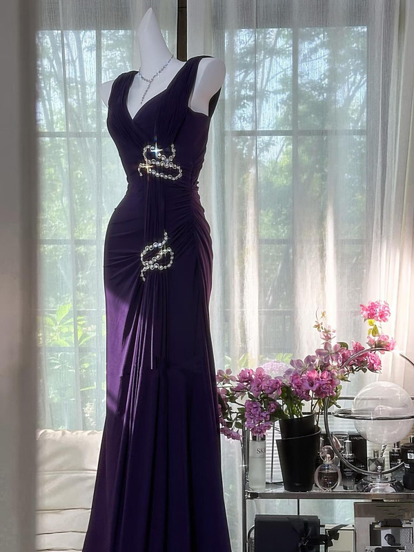 Purple tank top camisole fitted waist bodycon long ball gown R6528