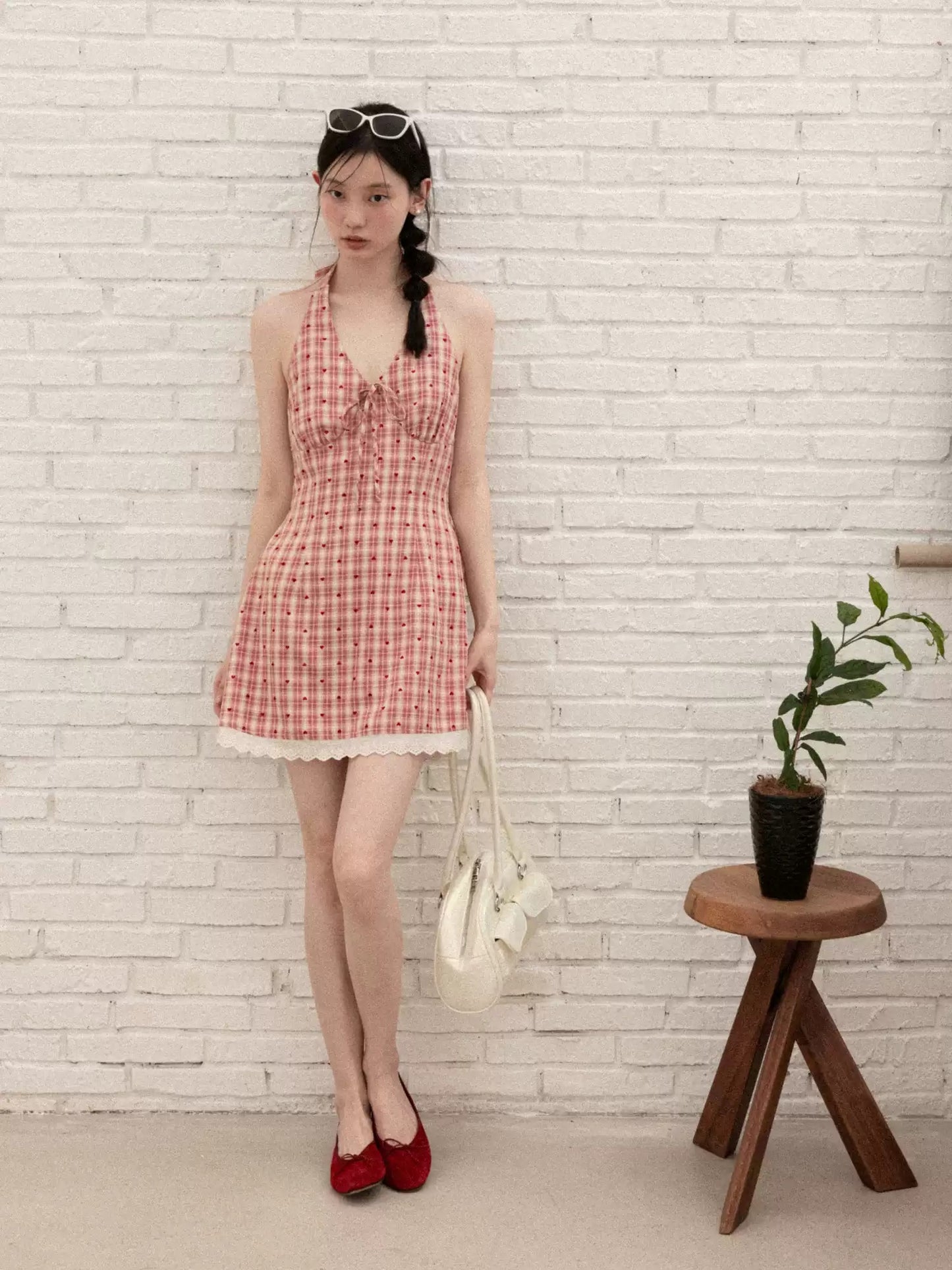 Retro Pink Gingham Halter Mini Dress with Heart Detail R9173