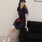 Navy Blue Puff Sleeve Dress with Peter Pan Collar and Elastic Waist R9175