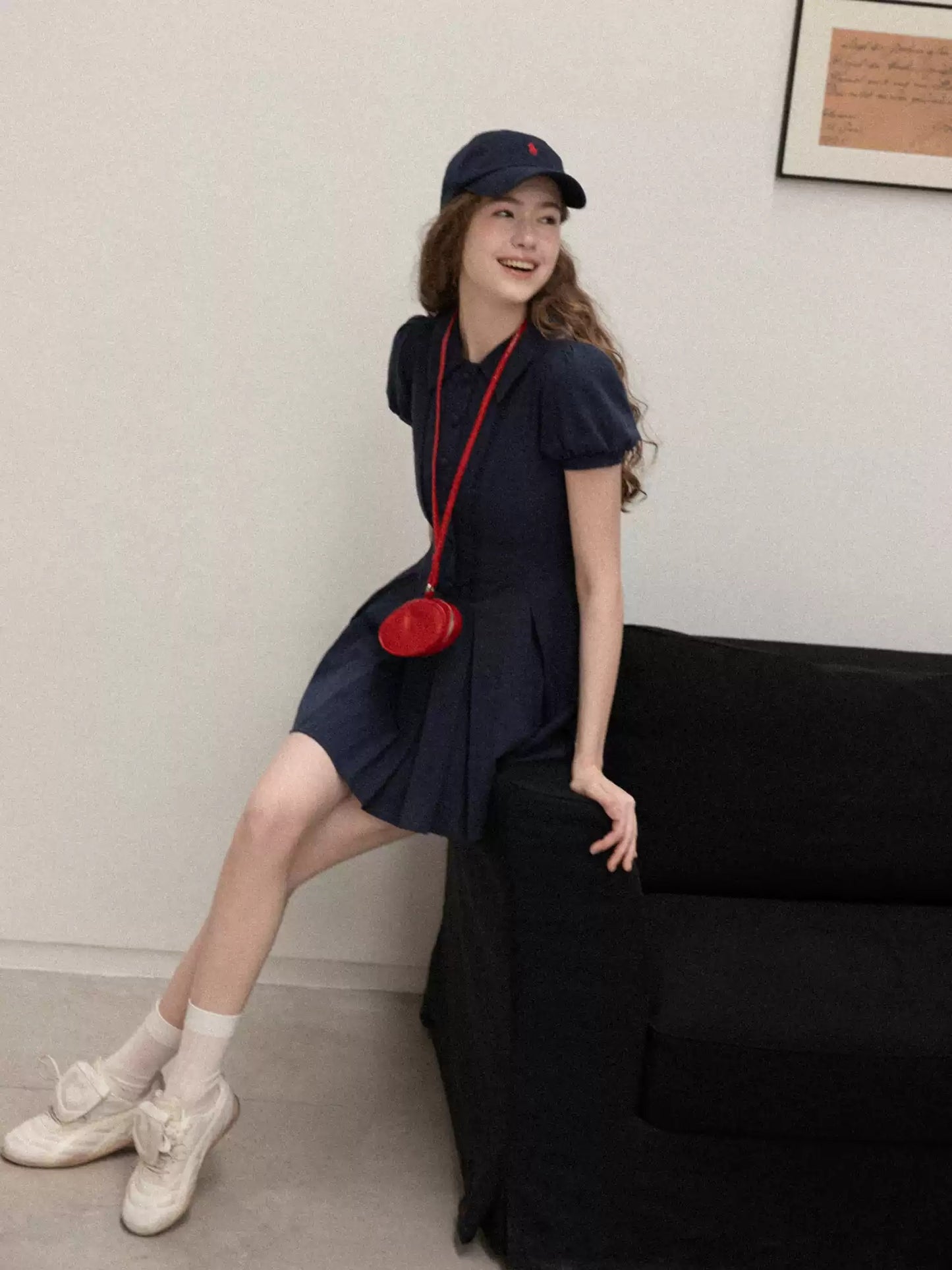 Navy Blue Puff Sleeve Dress with Peter Pan Collar and Elastic Waist R9175