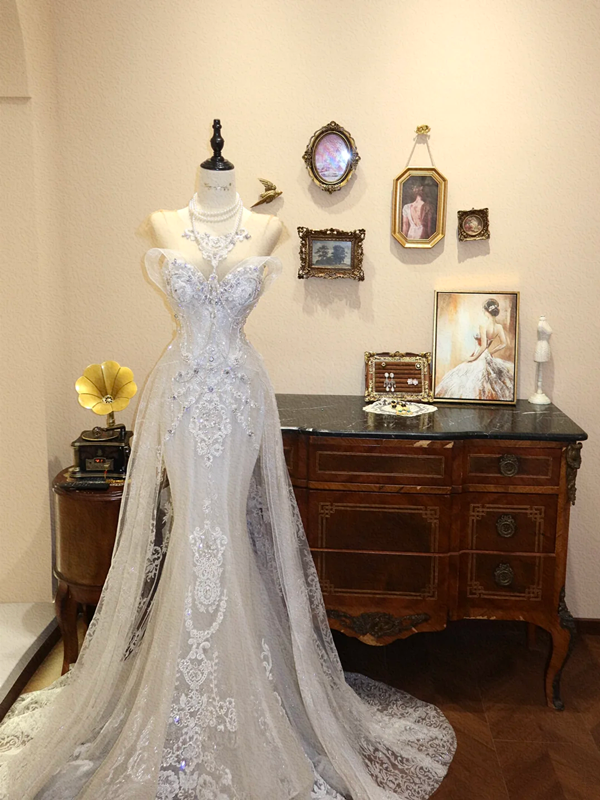 White strapless lace fitted long wedding dress R6568