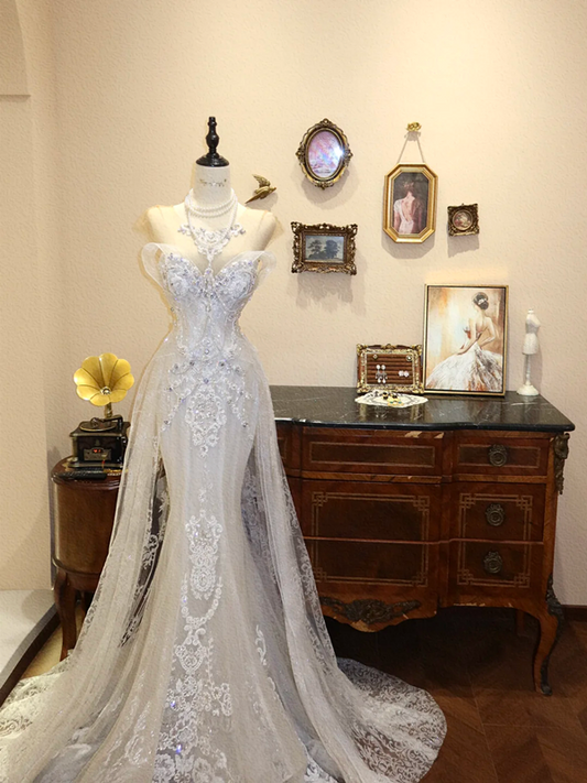 White strapless lace fitted long wedding dress R6568