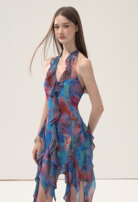Tie-Dye Halter Neck Mini Dress With Ruffle Trim And Asymmetric Hem R9288