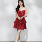 Retro Red Polka Dot Tiered Mini Dress, Women's Cami Strap with Lace Trim Chiffon Dress R9331