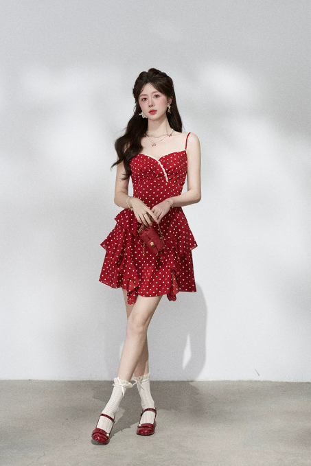 Retro Red Polka Dot Tiered Mini Dress, Women's Cami Strap with Lace Trim Chiffon Dress R9331