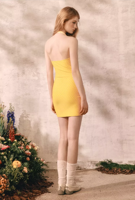 Retro Yellow Halter Mini Dress With Gingham And Polka Dot Patchwork Design R9278