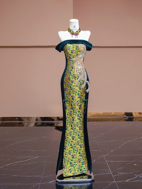 Yellow-based, green floral print, off-the-shoulder, fitted, long ball gown R8336