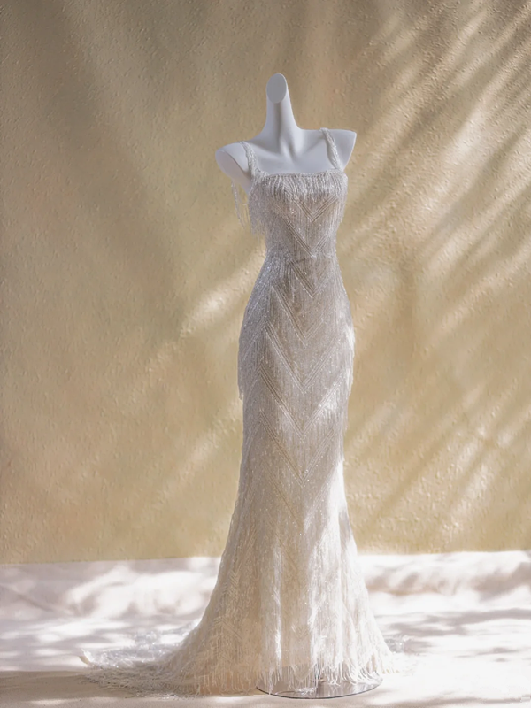 Apricot strappy tassel waist slim hip long dress bridal dress R5775