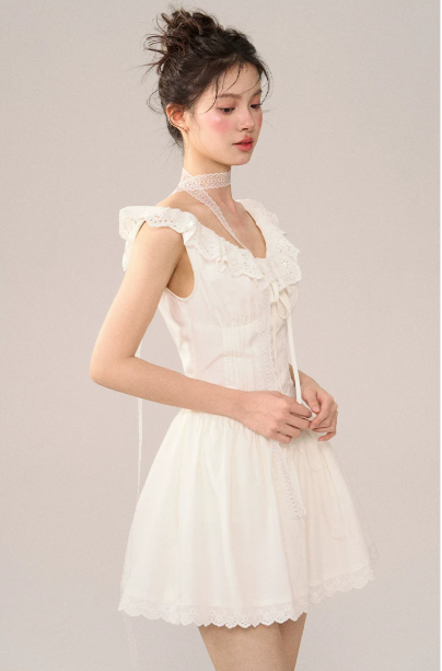 White Lace Trim Corset Style Mini Dress Women With Ruffle Straps And Flared Skirt R9395