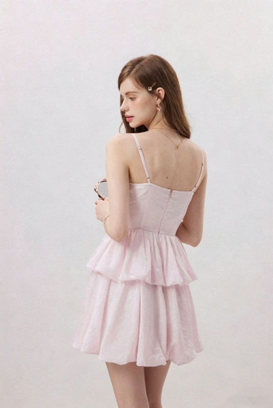 Pink Tiered Ruffle Mini Dress Women With Spaghetti Straps And Bubble Hem R9488