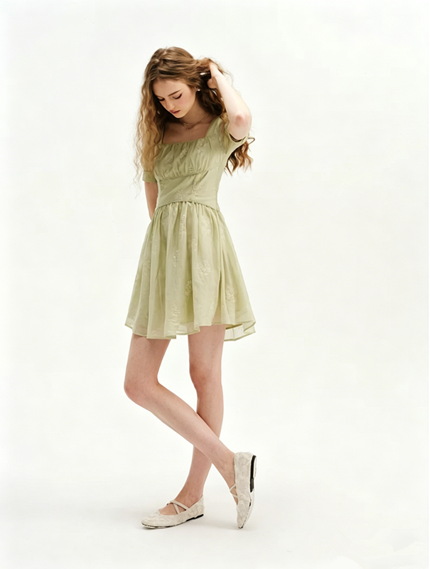 Light Green Floral Embroidered Mini Dress Women With Square Neck And Puff Sleeves R9469