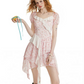 Romantic Pink Floral Dress With Puff Sleeves, Asymmetric Hem And Chiffon Accents R9313
