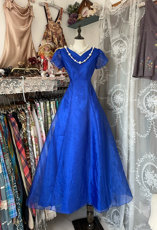 Blue short-sleeved, fitted A-line long dress, ball gown R6288