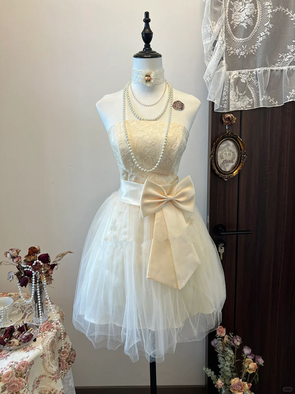 White tube top waist tulle skirt short skirt homecoming dress R4266