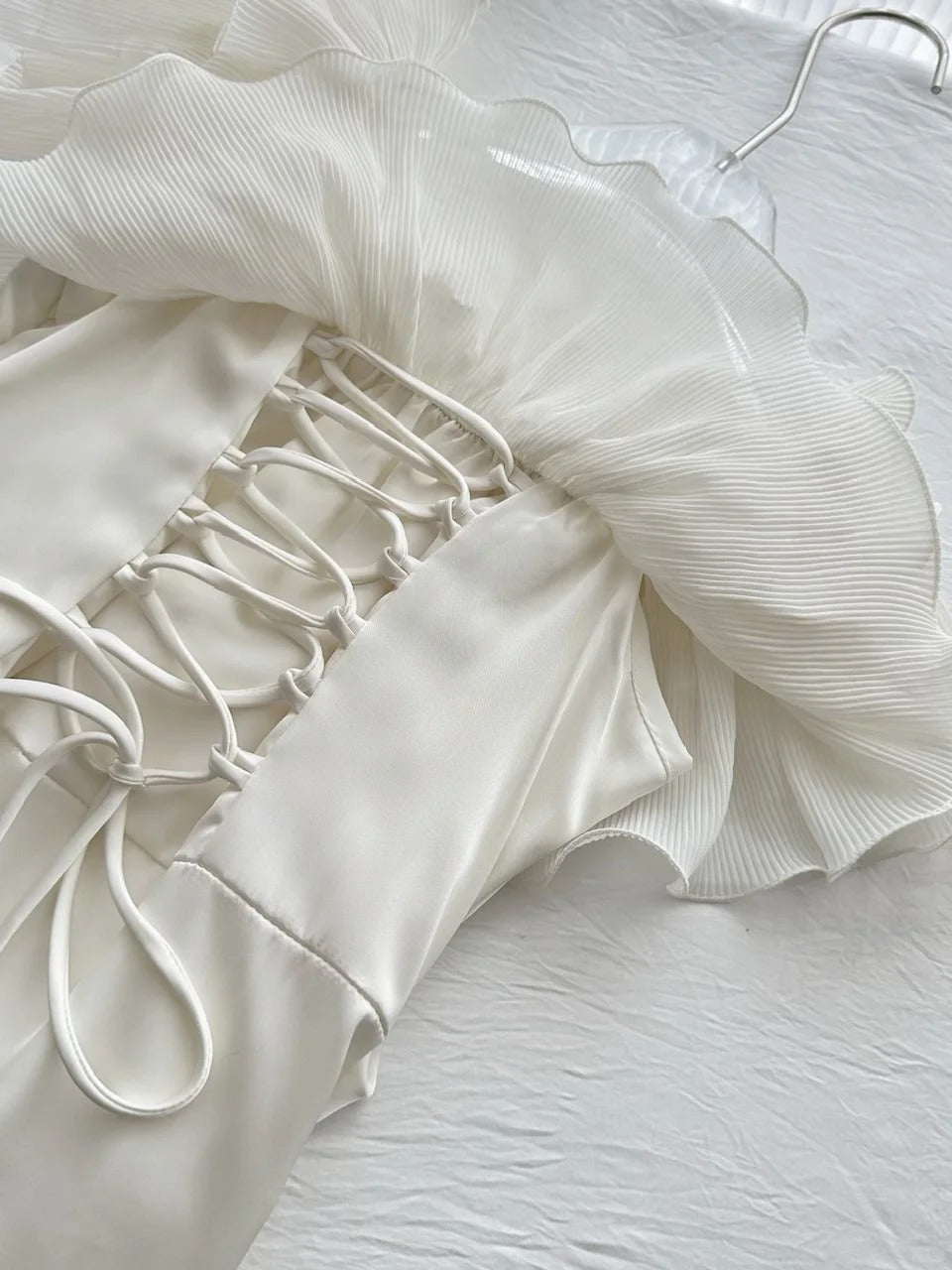 Elegant Off-Shoulder Satin Dress with Lace-Up Back R9126