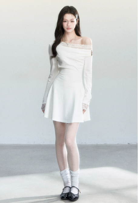 White Off The Shoulder Long Sleeve Mini Dress Women With Lace Trim And Button Detail R9422