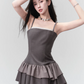 Grey Spaghetti Strap Mini Dress Women With Lace Trim And Tiered Cake Skirt R9445