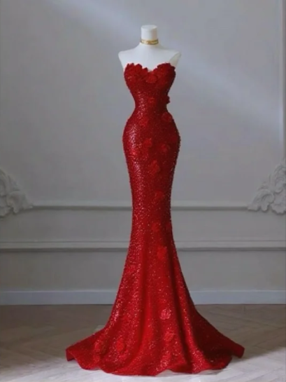 Red strapless sequined fitted mermaid ball gown R6448