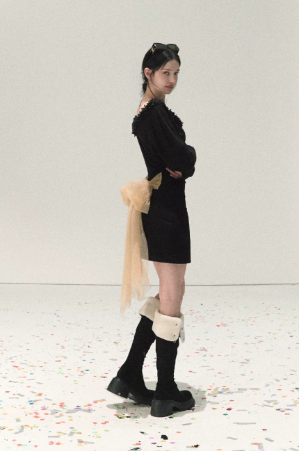 Black V-Neck Long Sleeve Mini Dress with 3D Floral Trim and Large Tulle Bow at Back R9370