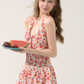 Red Floral Halter Mini Dress With Bow Detail And Flounce Skirt R9281