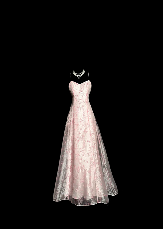 Pink floral print halter-neck fitted A-line prom dress R6608