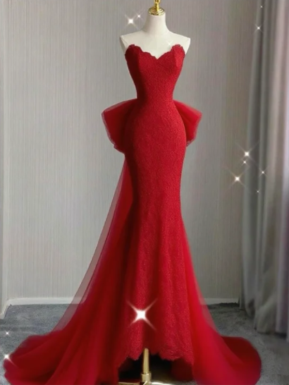 Red Strapless Fitted-Waist Slim-Fit Hip-Hugging Mermaid-Length Prom Dress R6488