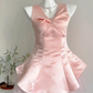 Pink Satin Girl V-Neck Waist Slim Fit Short Skirt Homecoming Dress R4346