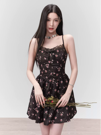 Black Floral Print Cami Dress Women With Lace Trim And Bow Detail R9449