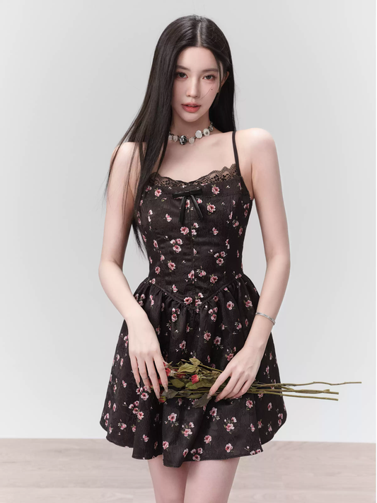 Black Floral Print Cami Dress Women With Lace Trim And Bow Detail R9449