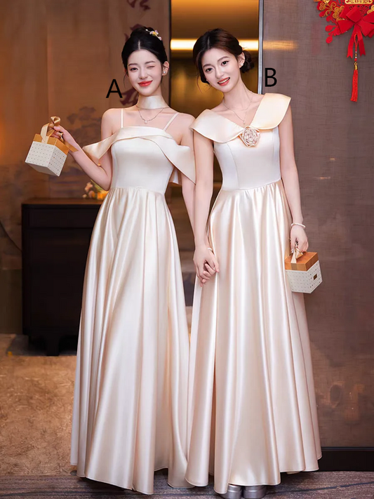Champagne satin waist slim sister ball gown, bridesmaid dress R5969