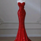 Red strapless sequined fitted mermaid ball gown R6448