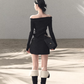 Black Square Neck Long Sleeve Mini Dress with Lace Trim and Tie Detail R9366
