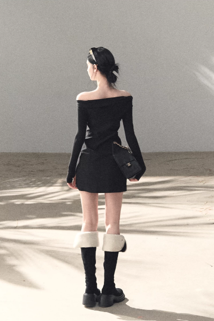 Black Square Neck Long Sleeve Mini Dress with Lace Trim and Tie Detail R9366
