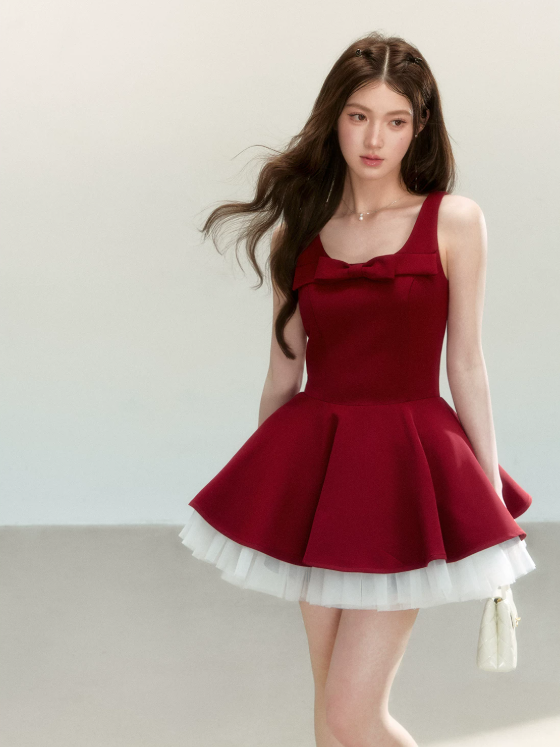 Red Sleeveless Dress with Bow Detail, Flared Skirt and Tulle Underskirt R9222
