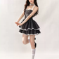 Black Halter Corset Tiered Mini Dress with White Lace Trim and Sparkle Details R9229