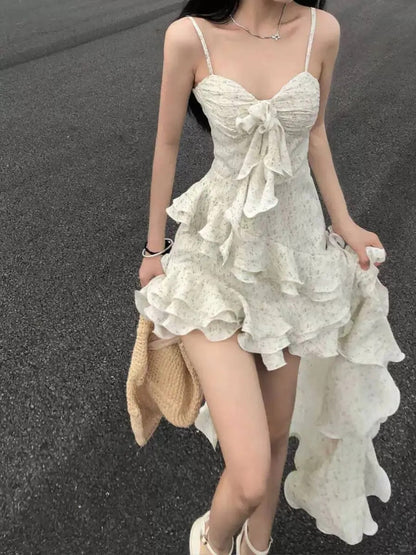 White Floral Spaghetti Strap Asymmetrical Ruffle Hem Dress with Bow Detail R9132