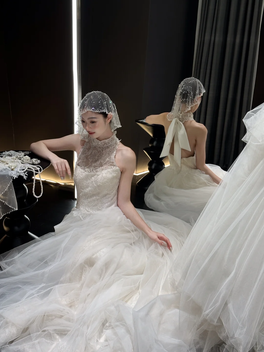 White lace elegant halter neck slim waist long dress bridal gown R6049