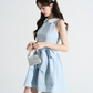 Retro Preppy Light Blue Sleeveless Dress, Peter Pan Collar with Bow Waist A-Line Mini Dress R9333