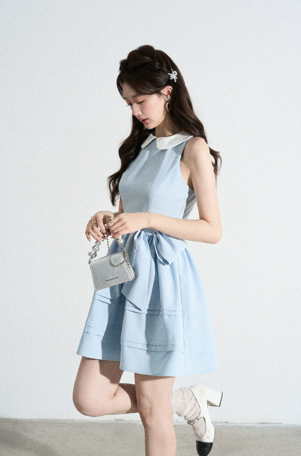 Retro Preppy Light Blue Sleeveless Dress, Peter Pan Collar with Bow Waist A-Line Mini Dress R9333
