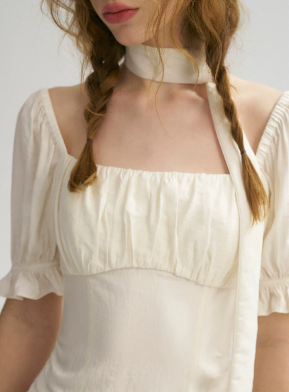 Cream White Square Neck Mini Dress Women With Puff Sleeves And Choker Tie R9453