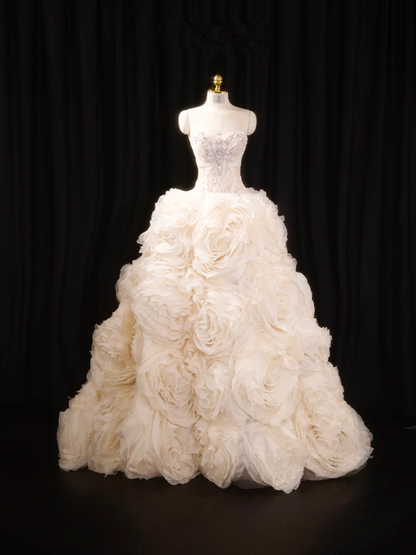 Light apricot strapless, fitted waist, full skirt, long ball gown, bridal dress R8914
