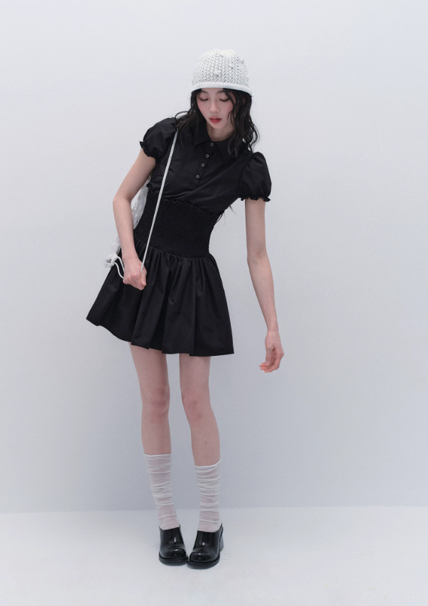 Black Polo Style Mini Dress Women With Puff Sleeves And Smocked Waist R9447