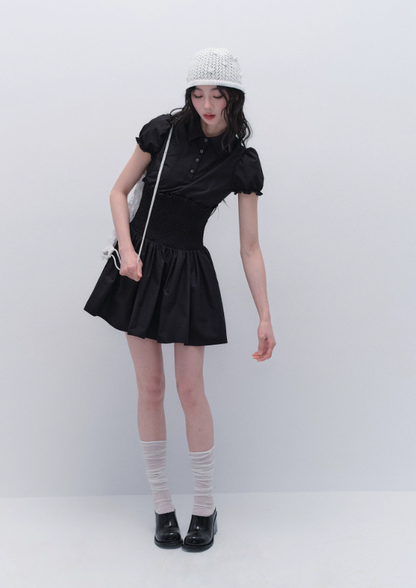 Black Polo Style Mini Dress Women With Puff Sleeves And Smocked Waist R9447
